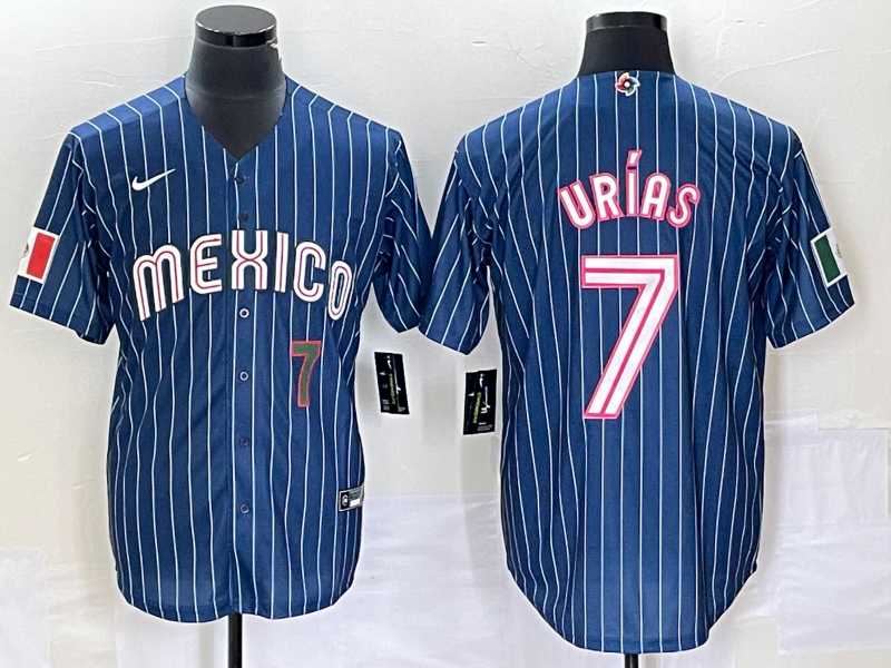 Men%27s Mexico Baseball #7 Julio Urias Number Navy Blue Pinstripe 2020 World Series Cool Base Nike Jersey2->2023 world baseball classic->MLB Jersey